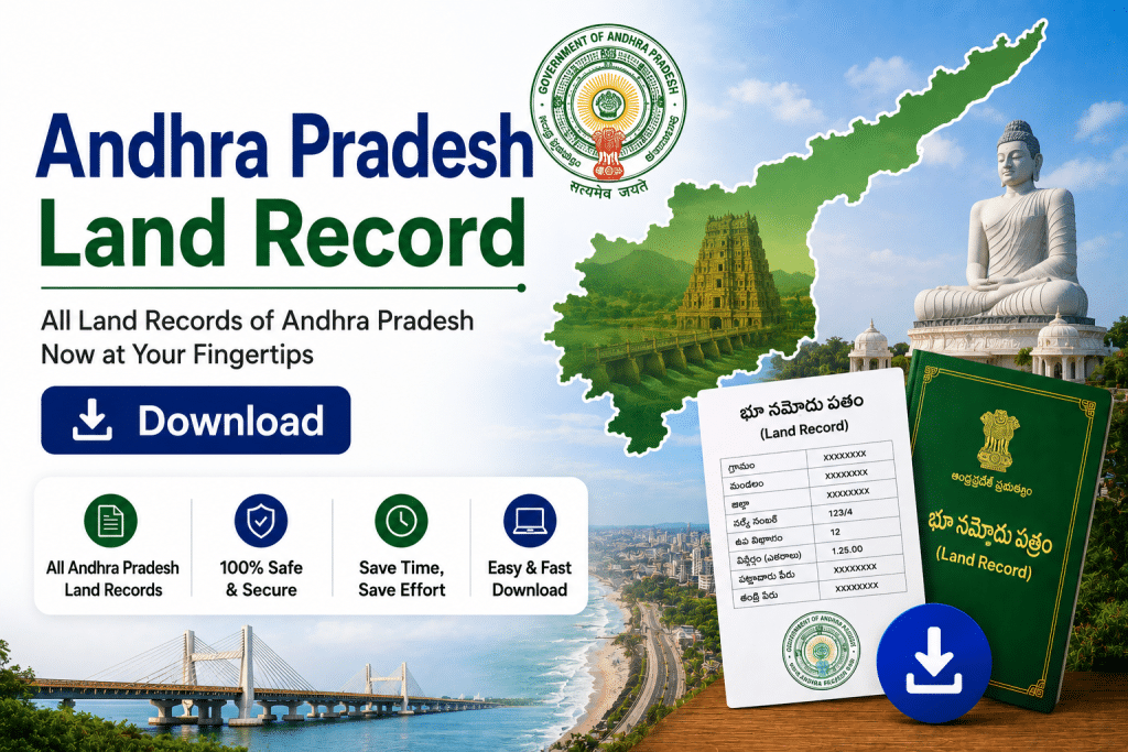 Promotional banner for Andhra Pradesh Land Record app with maps, stamps, and a prominent Download button.