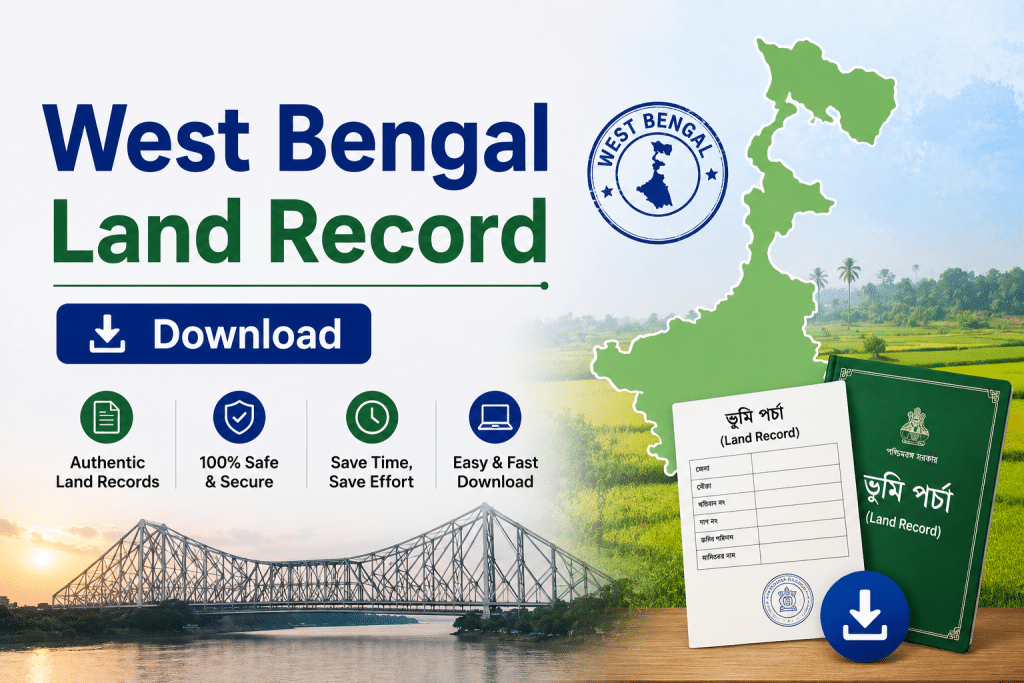 Promotional banner for West Bengal Land Record download with map silhouette, stamp, and download button
