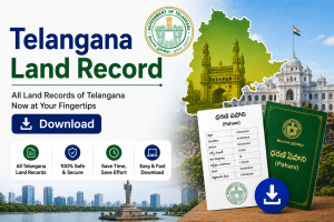 Promotional banner for Telangana Land Record download with map, government seal, and download button.