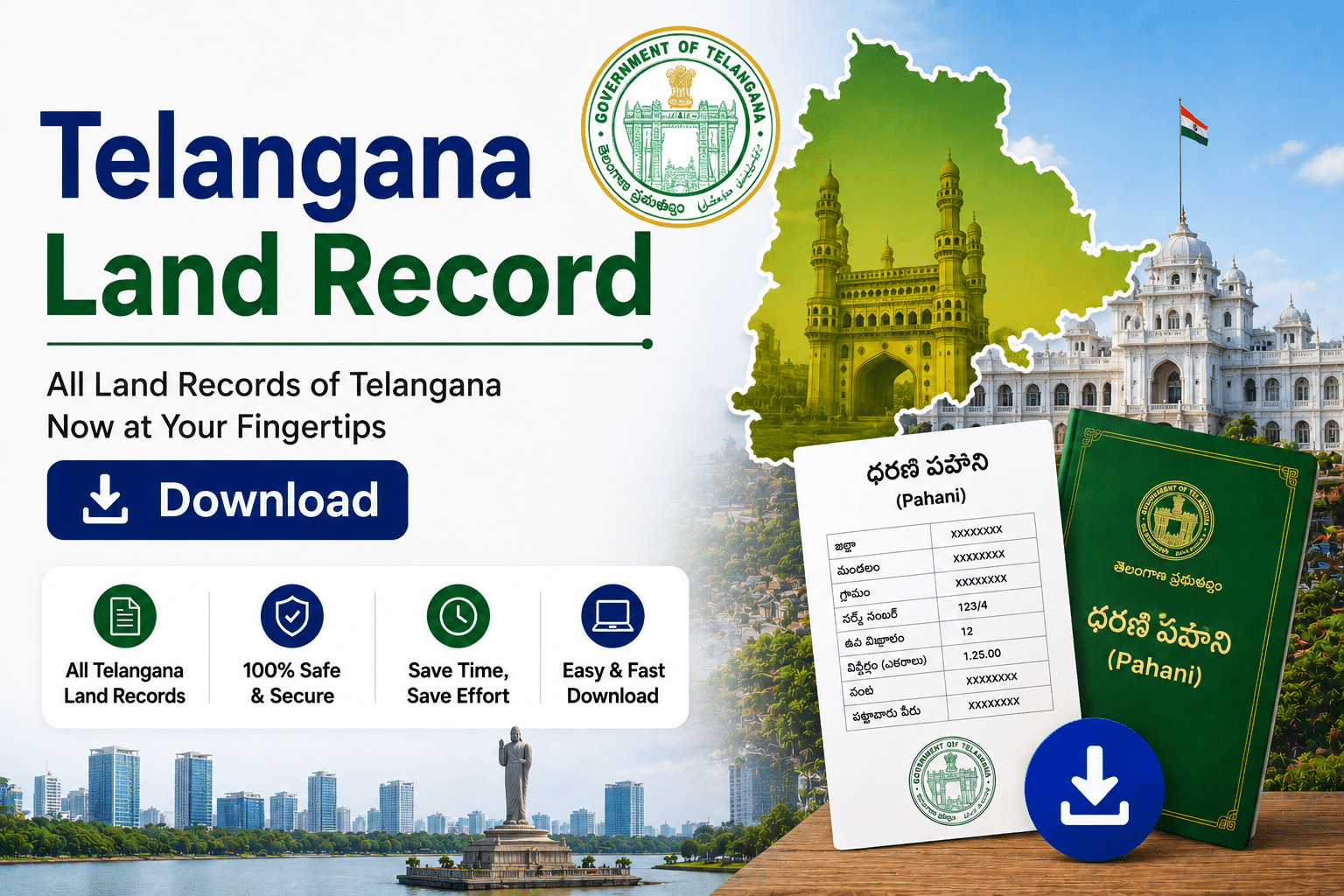 Promotional banner for Telangana Land Record download with map, government seal, and download button.