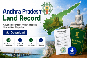 Promotional banner for Andhra Pradesh Land Record app with maps, stamps, and a prominent Download button.