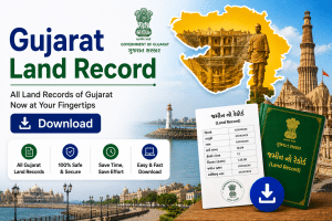 Promotional banner for Gujarat Land Record app with a prominent Download button and government seals.