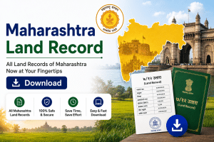 Promotional banner for Maharashtra Land Record download with a map of Maharashtra, official seal, and a large Download button on a grassy background.