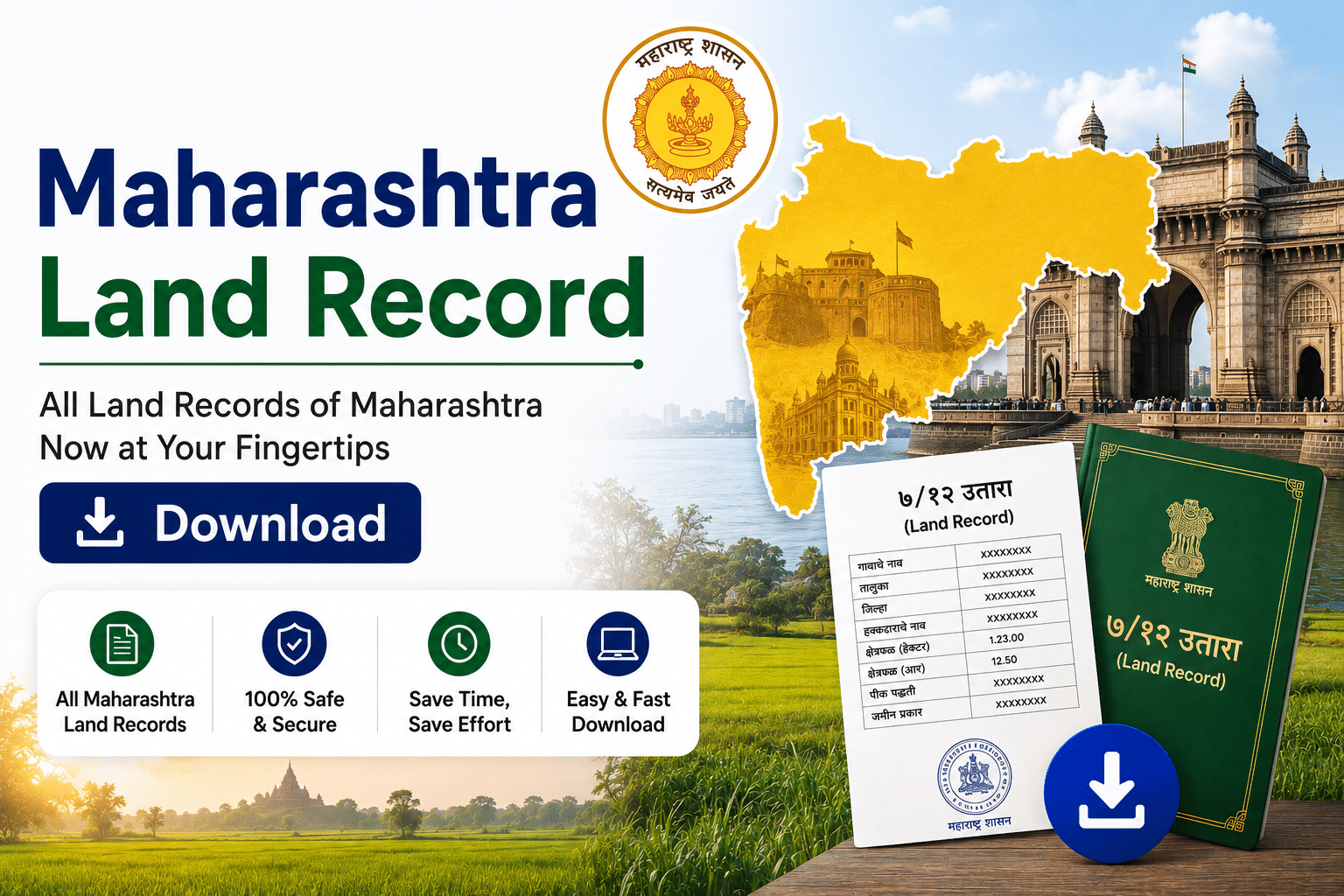 Promotional banner for Maharashtra Land Record download with a map of Maharashtra, official seal, and a large Download button on a grassy background.