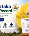 Promo banner for Karnataka Land Records download with Karnataka map outline, government seal, and land-record booklet beside a large Download button.
