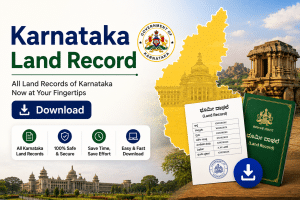 Promo banner for Karnataka Land Records download with Karnataka map outline, government seal, and land-record booklet beside a large Download button.