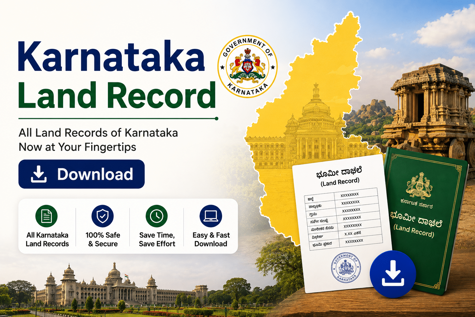 Promo banner for Karnataka Land Records download with Karnataka map outline, government seal, and land-record booklet beside a large Download button.