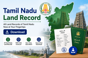 Promotional banner for Tamil Nadu land records with a state map, government seal, and a large Download button. Highlights land records and Pattā documents.