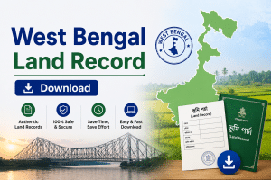 Promotional banner for West Bengal Land Record download with map silhouette, stamp, and download button