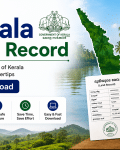 Kerala Land Record Download Online: Check Survey Maps, Land Records & eRekha Portal Promotional banner for Kerala Land Records featuring large text, palm trees by a river, a houseboat, and a green land record booklet with a download icon.