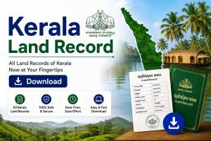 Promotional banner for Kerala Land Records featuring large text, palm trees by a river, a houseboat, and a green land record booklet with a download icon.