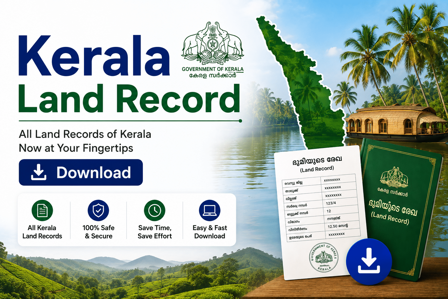 Promotional banner for Kerala Land Records featuring large text, palm trees by a river, a houseboat, and a green land record booklet with a download icon.